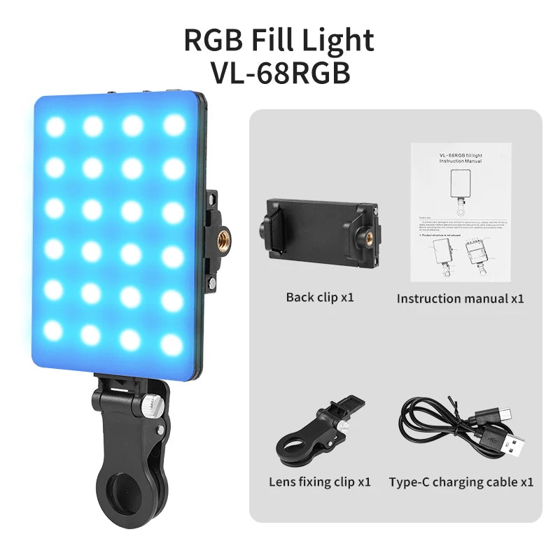 Mini Fill Light RGB LED Straight Pocket Video Photography Lighting Pocket Live Vlog Clip for Phone Iphone Ipad Laptop Camera