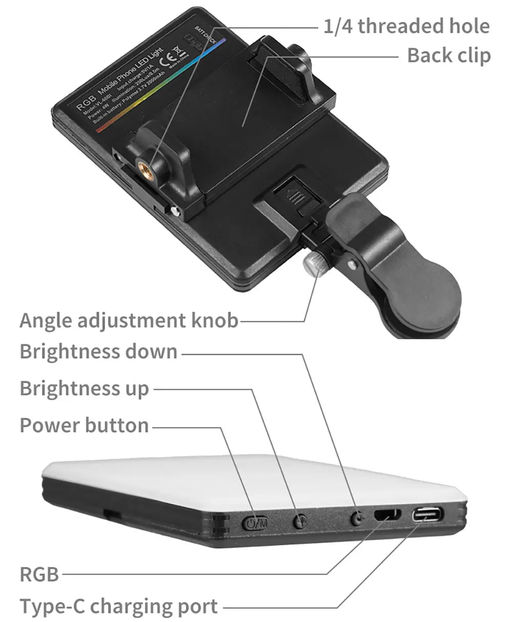 Mini Fill Light RGB LED Straight Pocket Video Photography Lighting Pocket Live Vlog Clip for Phone Iphone Ipad Laptop Camera