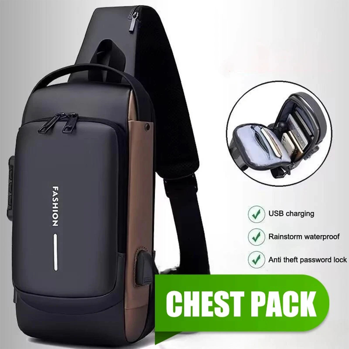 Men'S Anti-Theft Password Lock Chest Bag Multifunctional Waterproof Adjustable Shoulder Strap USB Charging Casual Crossbody Bag