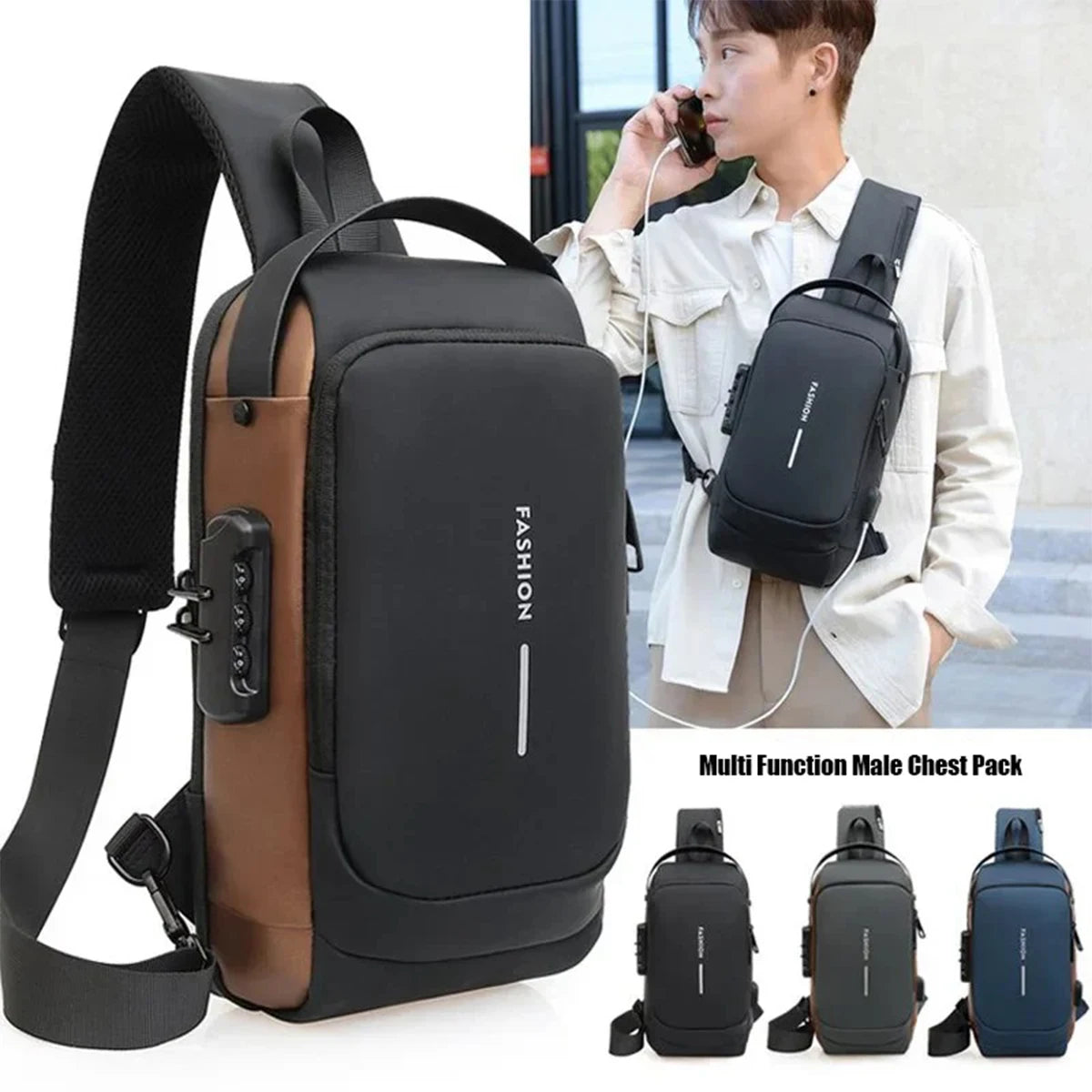 Men'S Anti-Theft Password Lock Chest Bag Multifunctional Waterproof Adjustable Shoulder Strap USB Charging Casual Crossbody Bag