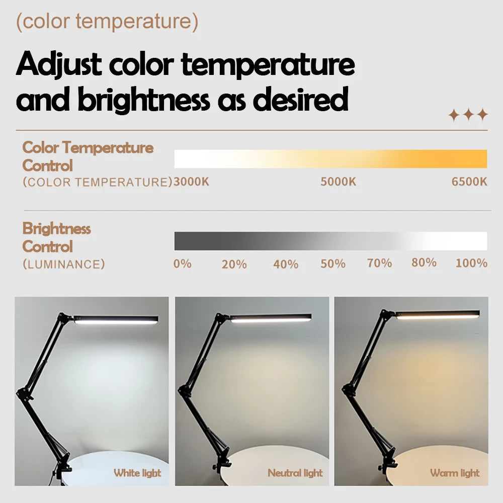 Home Folding Metal LED Desk Lamp 3 Colors Adjustable Eye Protection Clip on Desk Light for Living Room Reading Working Computers