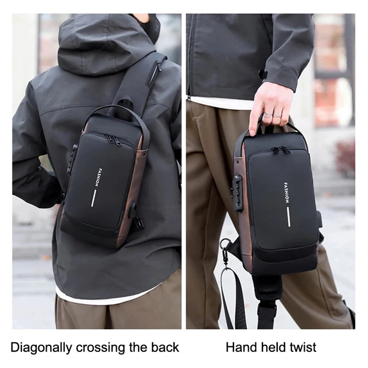 Men'S Anti-Theft Password Lock Chest Bag Multifunctional Waterproof Adjustable Shoulder Strap USB Charging Casual Crossbody Bag